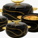 4-Set Sleek Black with Gold Handles Insulated Food Warmer/Hotpot
