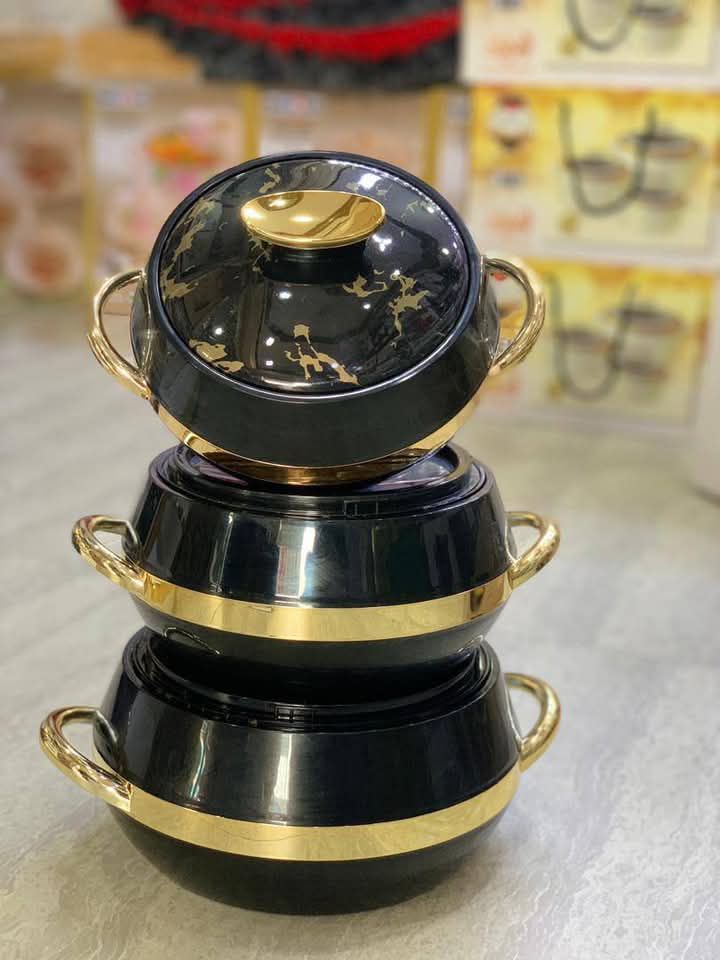 3-Set Sleek Black Insulated Food Warmer with Luxury Gold Top & Handles
