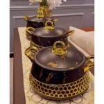 3-Set Luxury Matte Black & Gold Marble Insulated Food Warmer with Honeycomb Stand